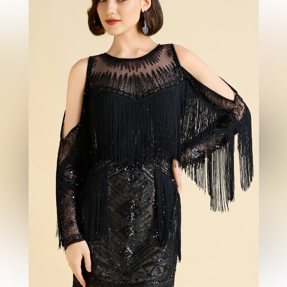 Glamorous Off-Shoulder Beaded Fringe Flapper Dress